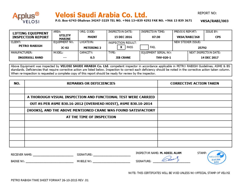 RABI003 Lifting Equipment Inspection Report | PDF | Technology ...