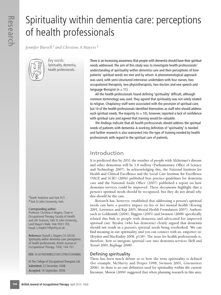 BJOT Spirituality Within Dementia Care 2010 | PDF | Health Professional ...