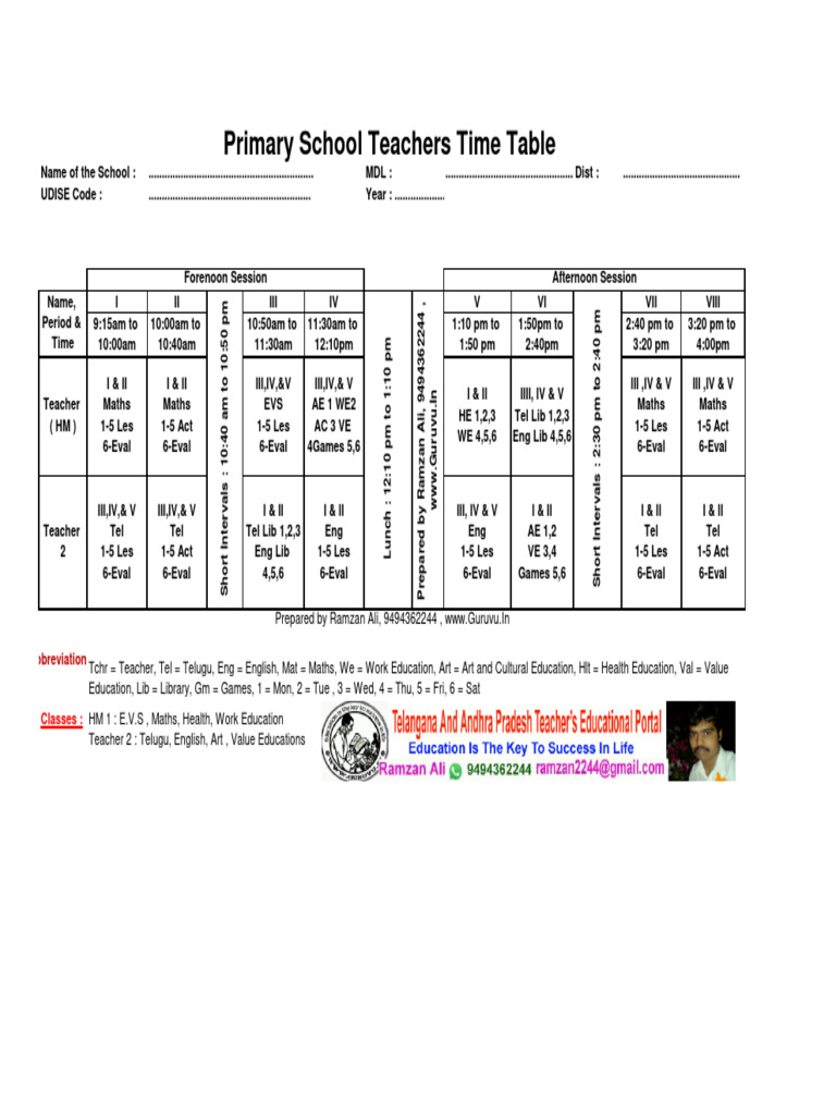 Ps 2 teacher time table pdf