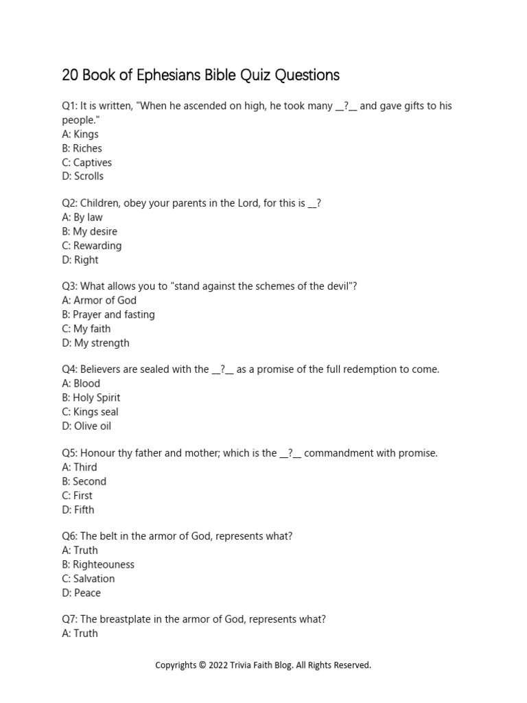 Book of ephesians bible quiz questions and answers min pdf