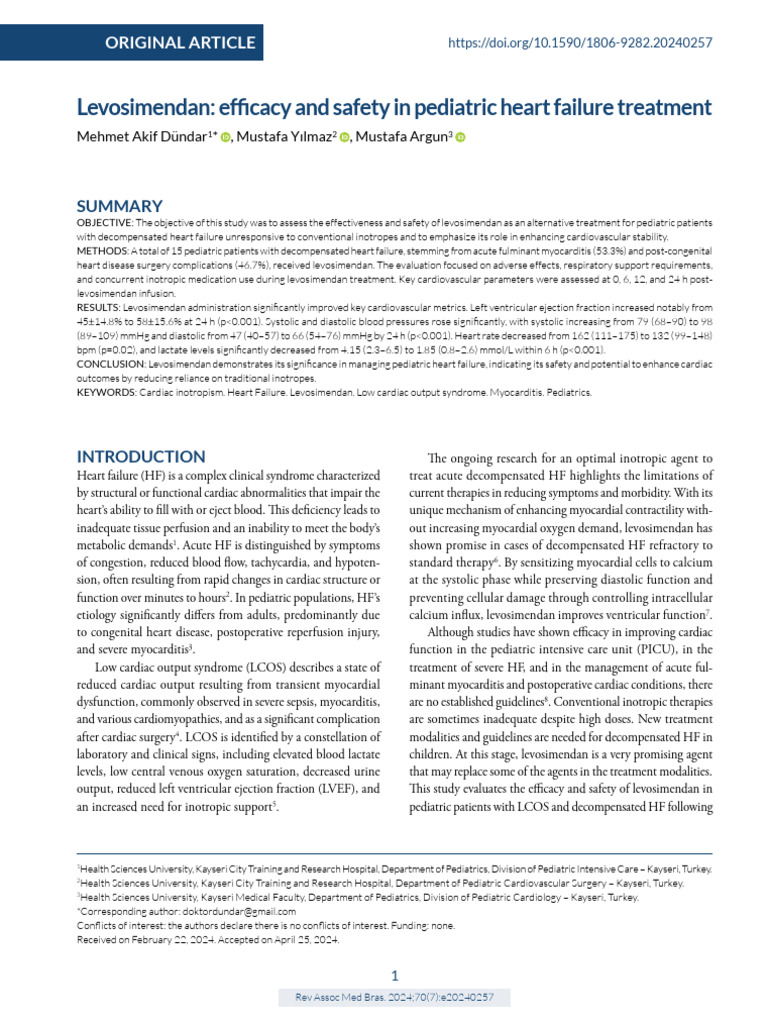 Levosimendan efficacy and safety in pediatric heart failure treatment ...