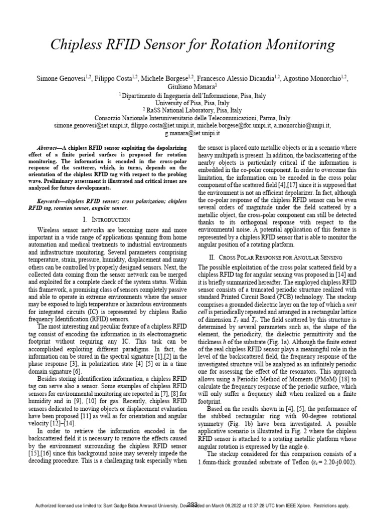 Chipless RFID Sensor For Rotation Monitoring | PDF | Radio Frequency ...