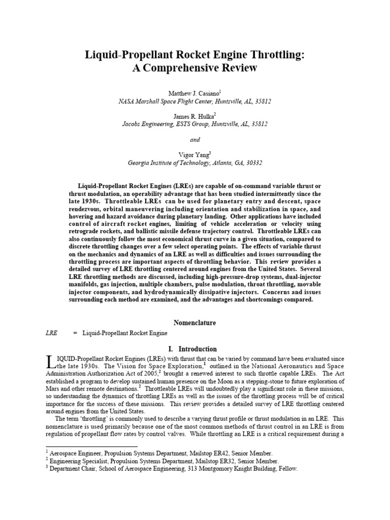 Liquid-Propellant Rocket Engine Throttling: A Comprehensive Review ...