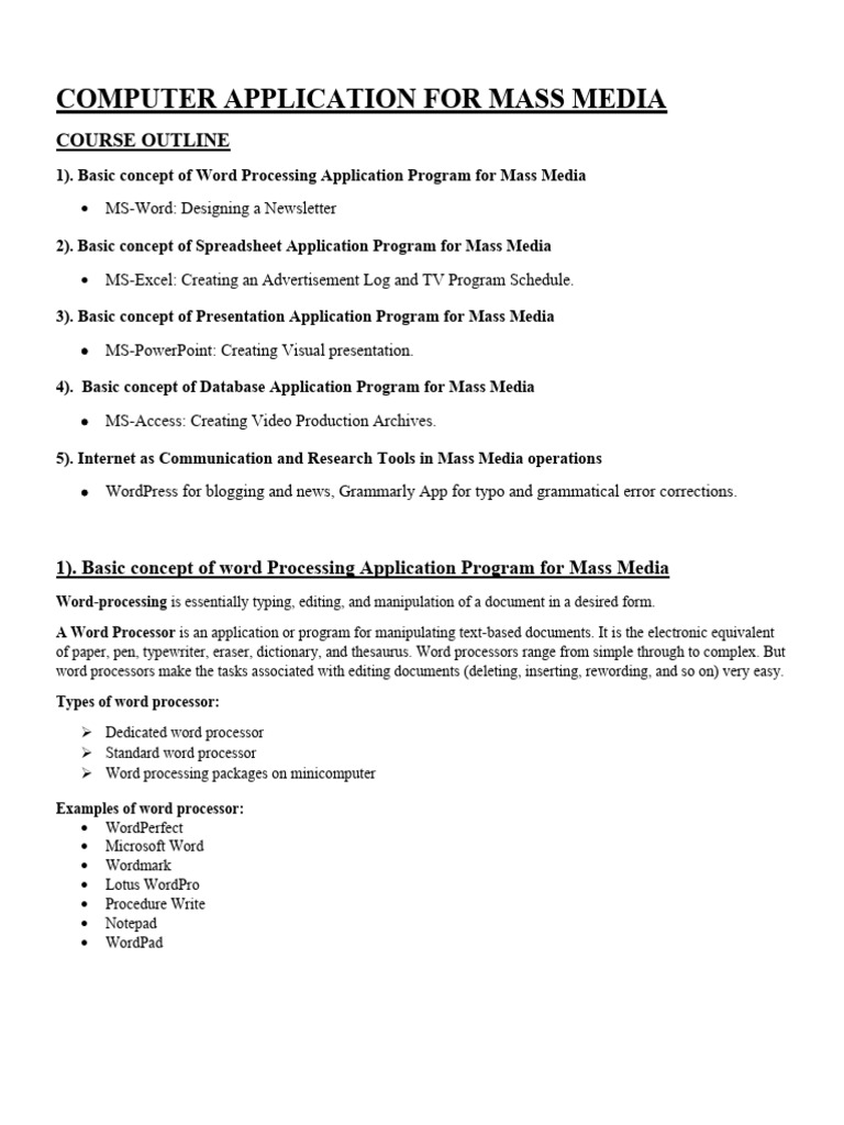 Computer For Mass Media | PDF | Microsoft Word | Spreadsheet