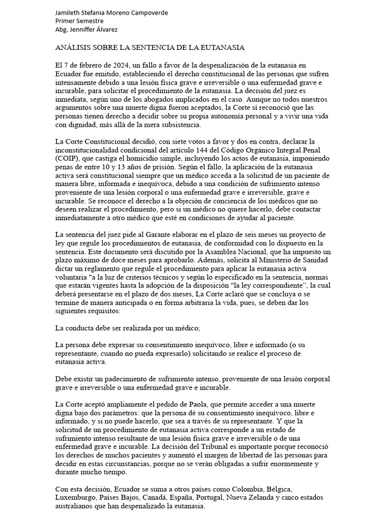 Análisis Sobre La Sentencia de La Eutanasia | PDF | Sentencia (ley