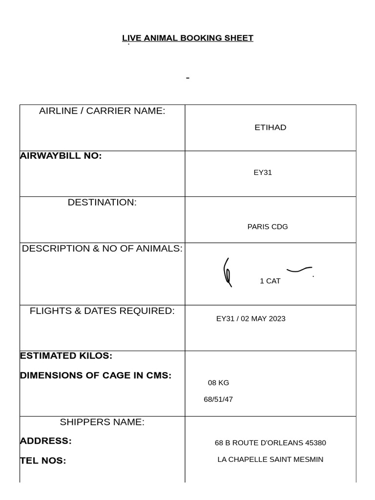 Live Animal Booking: Cat to Paris | PDF | Business