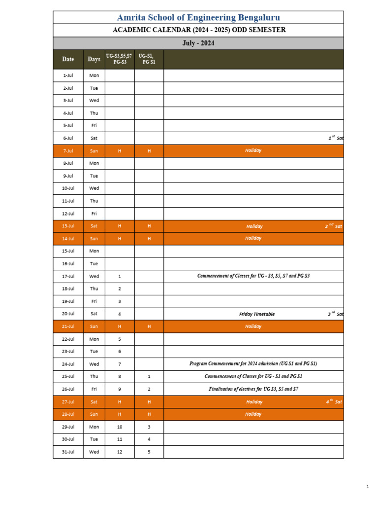 Academic Calendar 2024 25 Odd Sem PDF Academic Term Educational