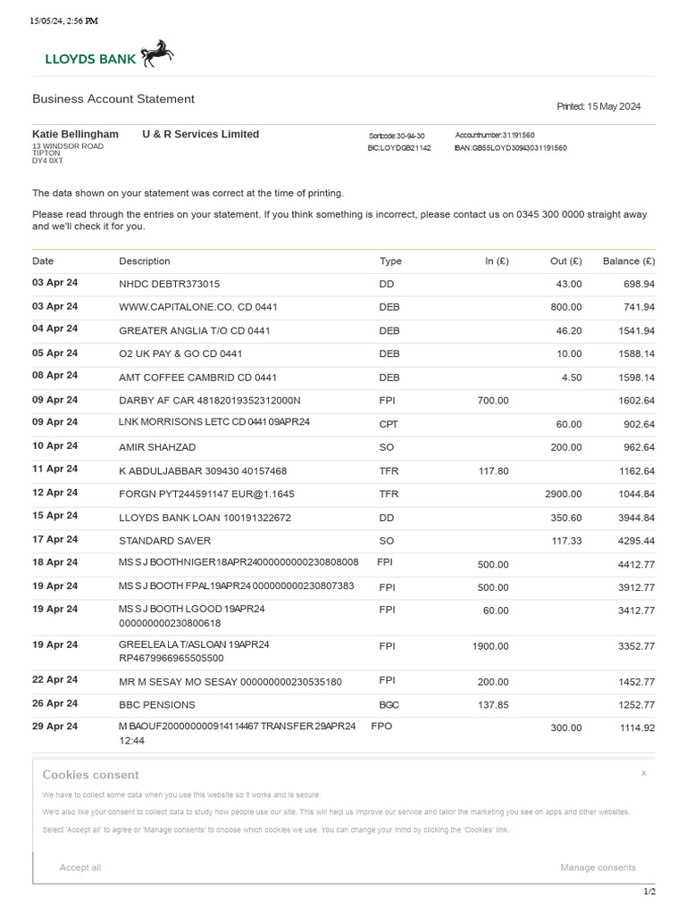 Business Lloyds Bank Statement Apr | PDF | Private Sector | Personal ...