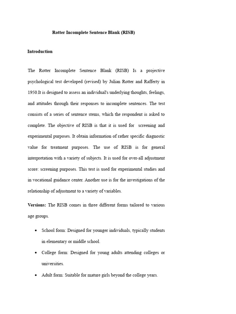 Rotter Incomplete Sentence Blank Template 1 1 PDF Attitude 