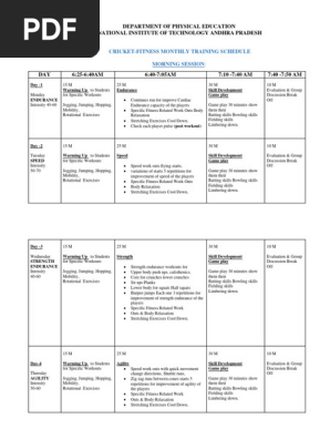 CRICKET  MONTHLY TRAINING SCHEDULE