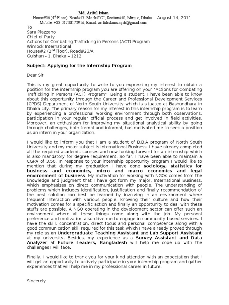 cover letter for internship ngo