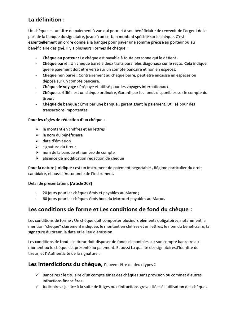Chèque ordinaire barré : définition et règles | PDF | Chèque | Banques