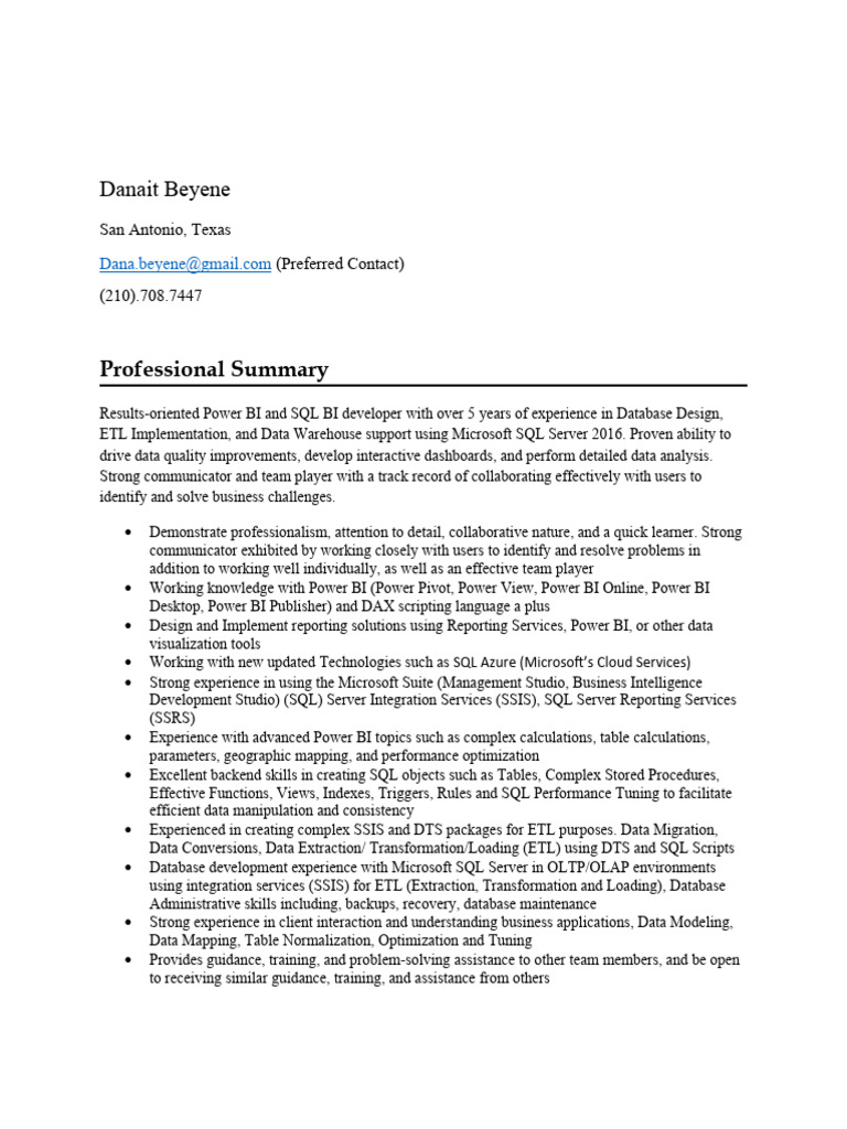 Power BI & SQL Developer Resume | PDF | Microsoft Sql Server | Databases