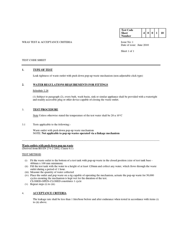 WRAS Waste Outlet Test Procedure | PDF