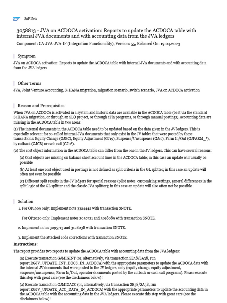JVA ACDOCA Table Update Reports | PDF | Database Transaction | Databases