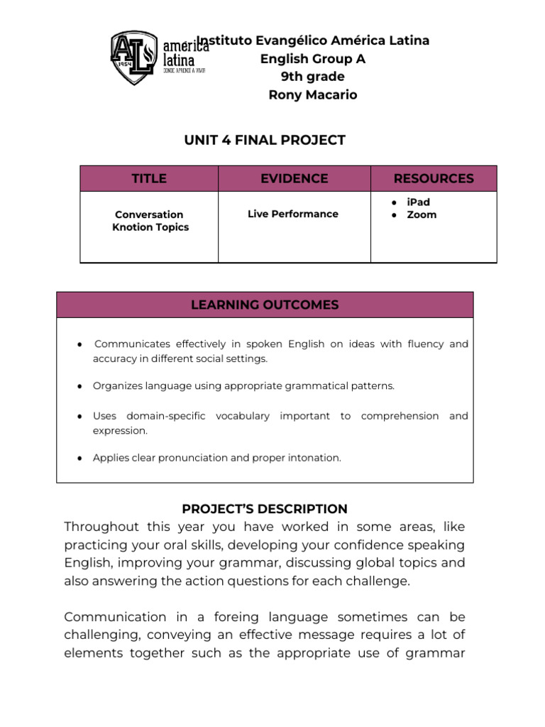 9th Grade English Live Performance Project | PDF | English Language ...