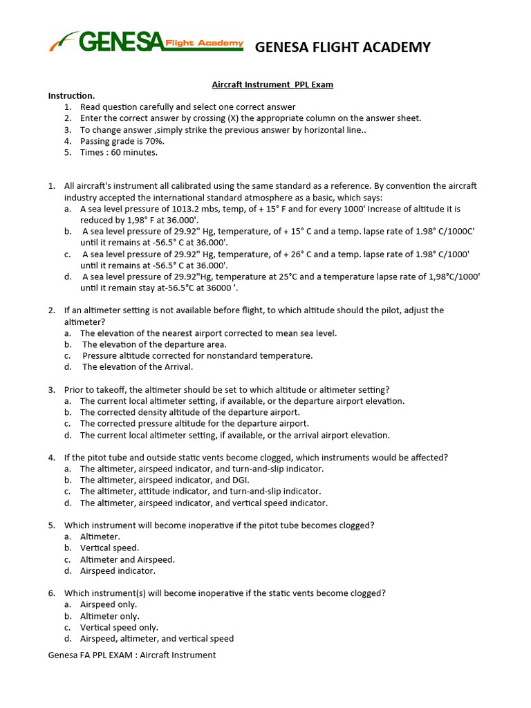 PPL Exam: Aircraft Instruments Guide | PDF | Altitude | Sea Level
