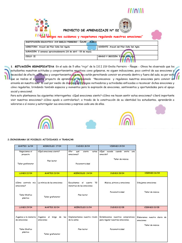 Proyecto de Aprendizaje N 02 Las Emociones | PDF | Las emociones ...