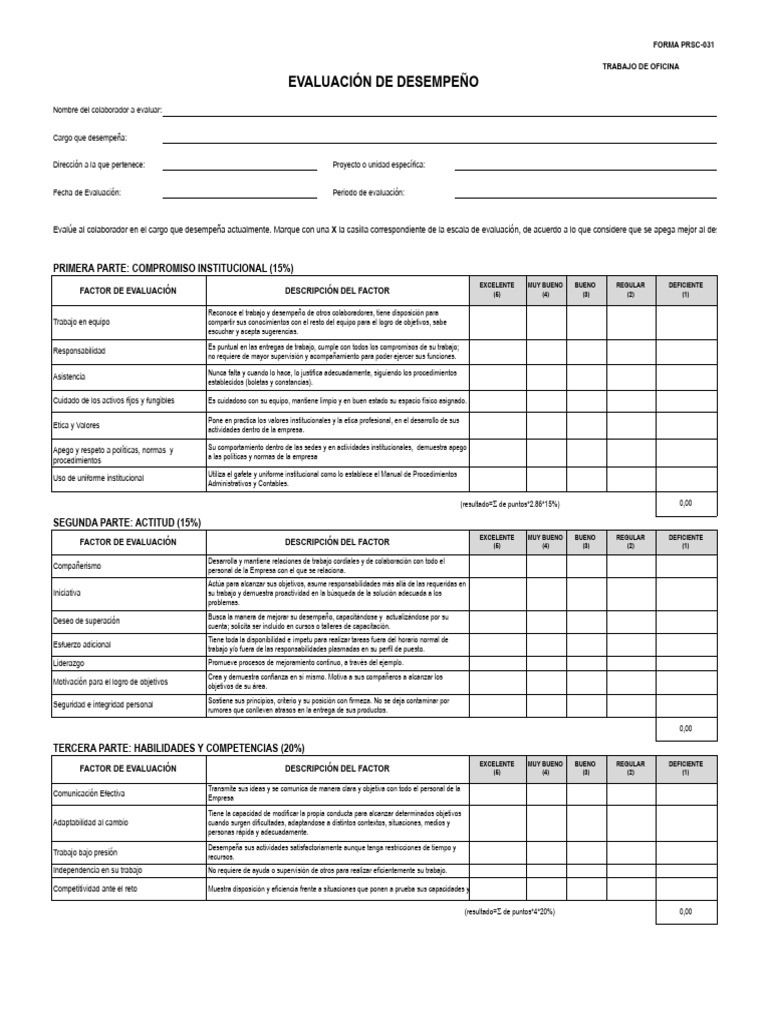Evaluación de Desempeño Laboral PRSC-031 | PDF | Evaluación | Business