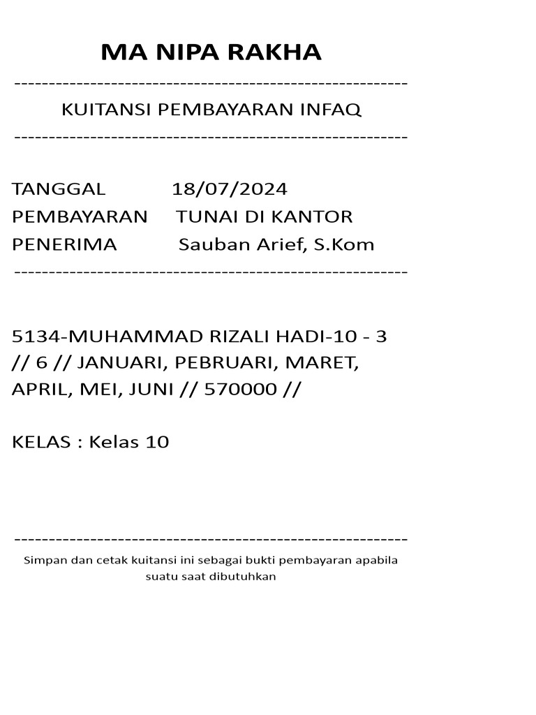 Kuitansi Infaq SPP 5134-Muhammad Rizali Hadi-10 - 3 Tahun 2022-2023 | PDF