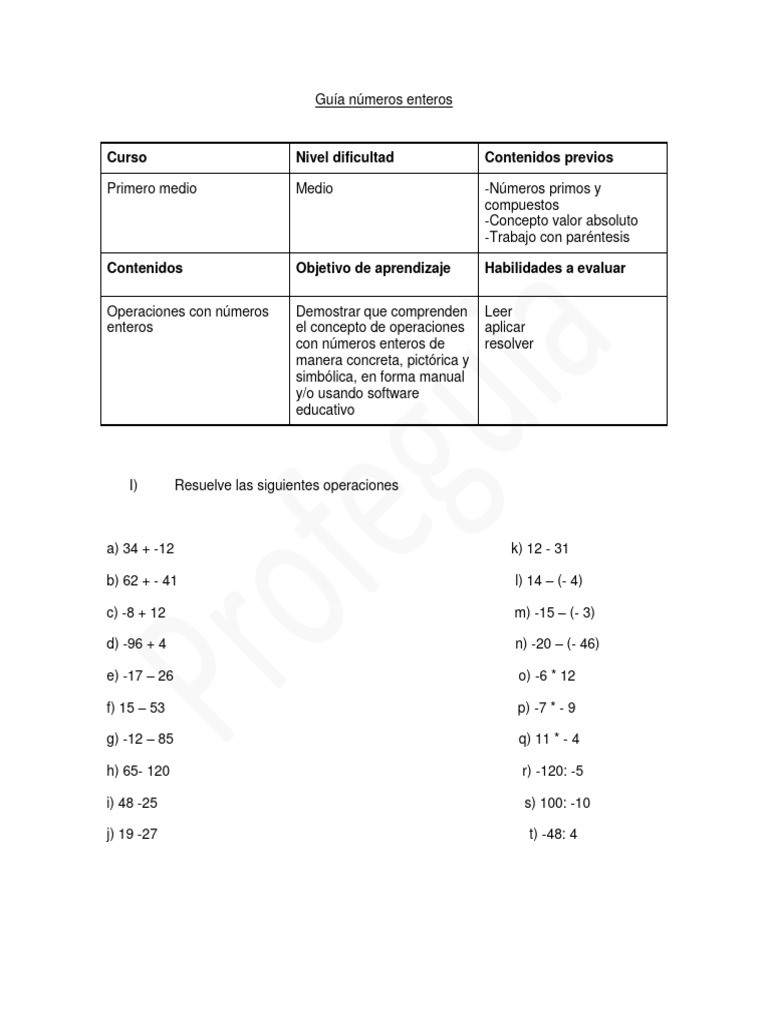 Guía de Operaciones con Números Enteros | PDF