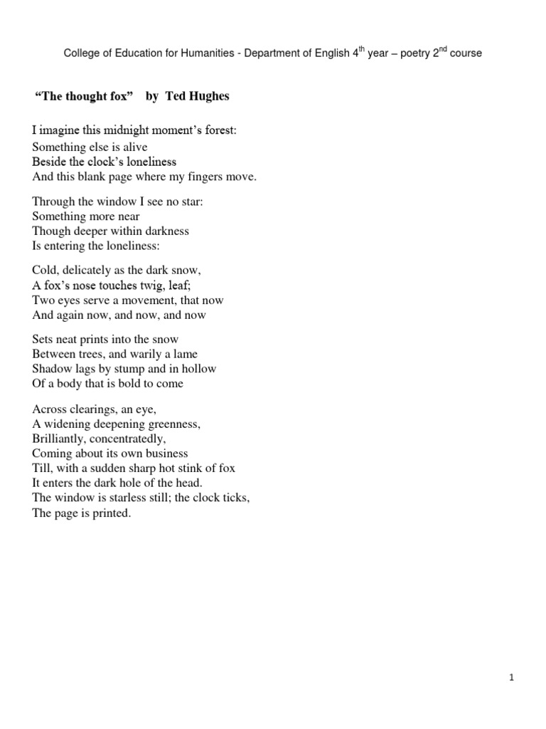  the thought fox by ted hughes college of education for humanities