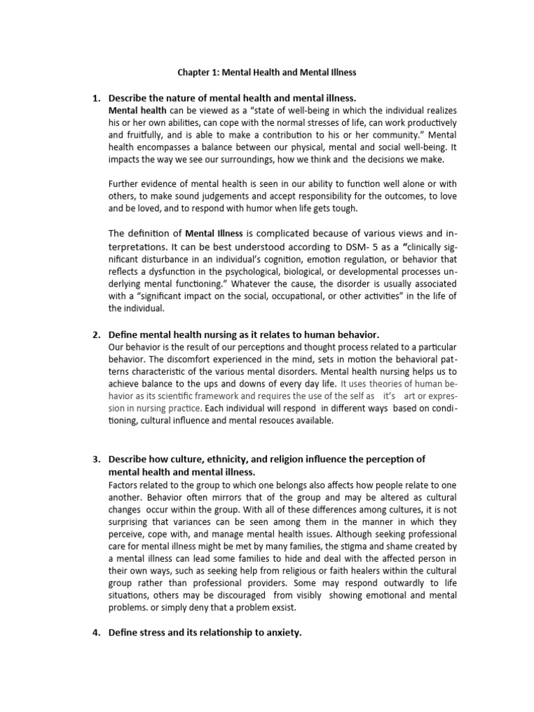 Medical Nursing Notes Mental Health and Mental Illness | PDF | Stress ...