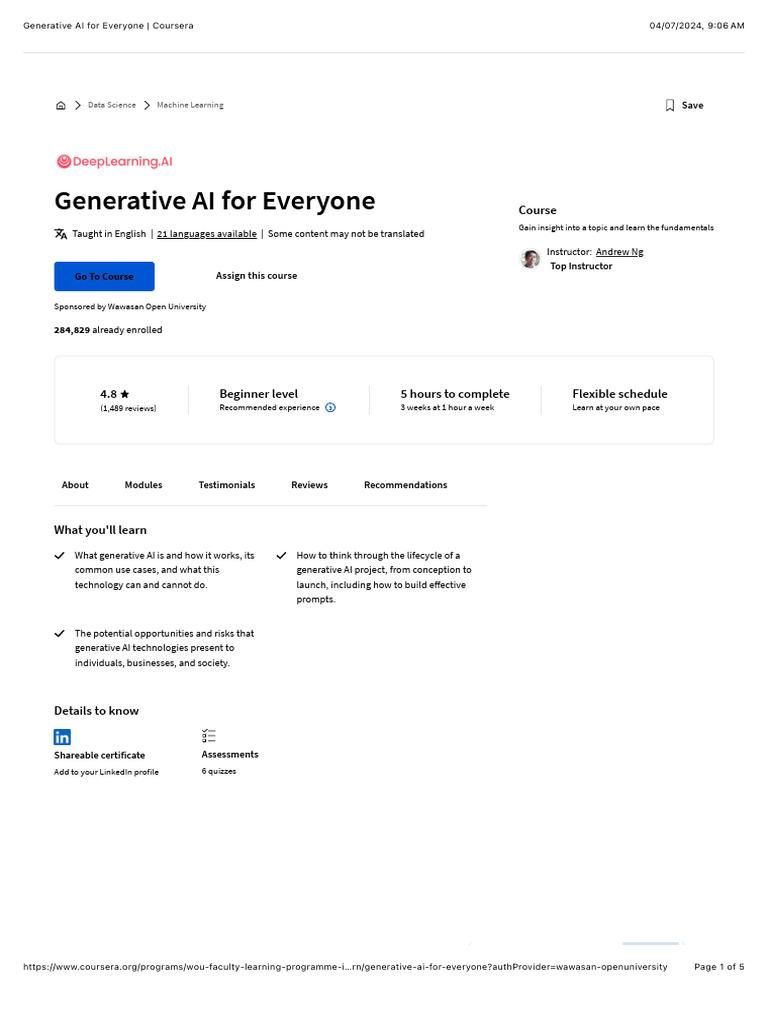 Generative AI For Everyone - Coursera | PDF | Artificial Intelligence ...