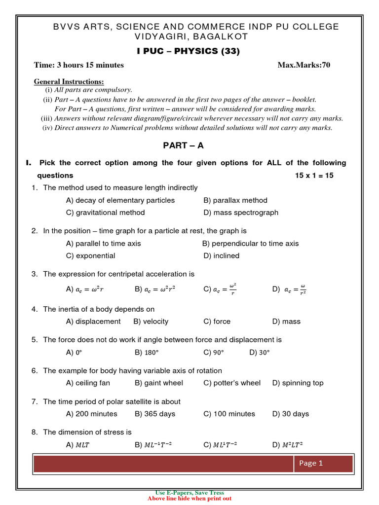 1st PUC Physics Model Question Paper 2023 | PDF | Gases | Force