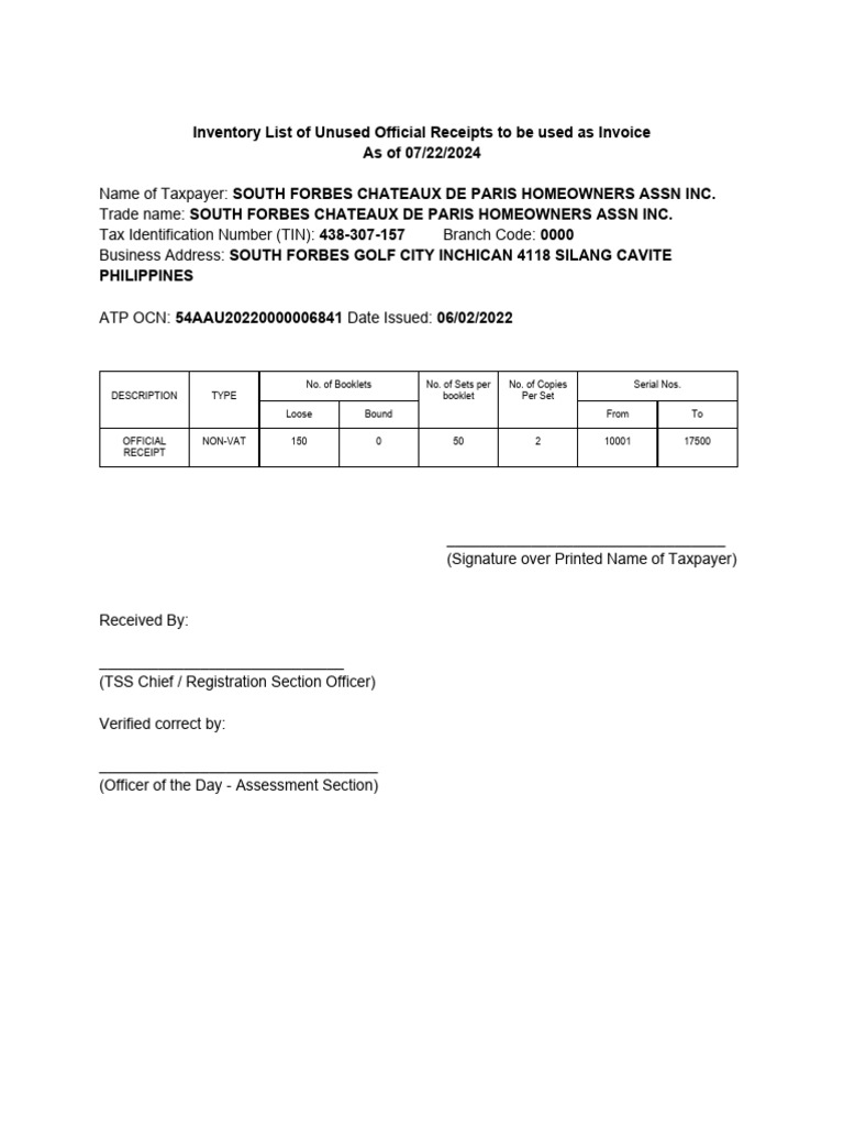 Inventory List Of Unused Receipts And Invoices