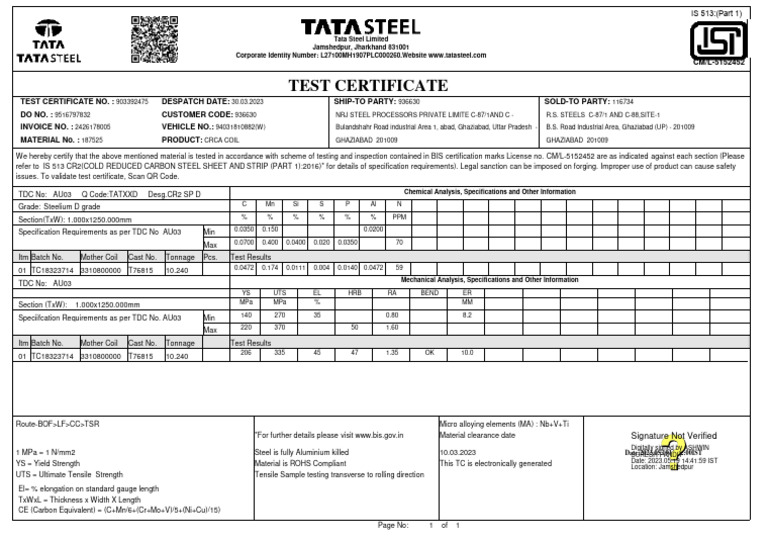 Test Certificate: Tata Steel Limited Jamshedpur, Jharkhand 831001 | PDF ...