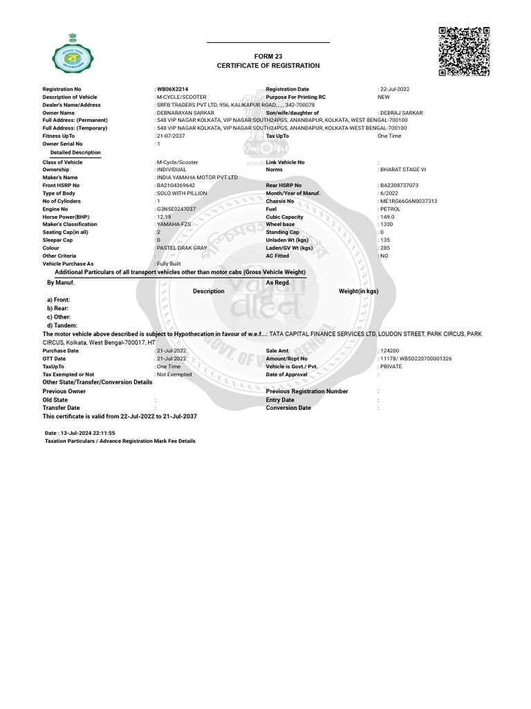 Form 23: Vehicle Registration Certificate | PDF | Vehicles | Motor Vehicle