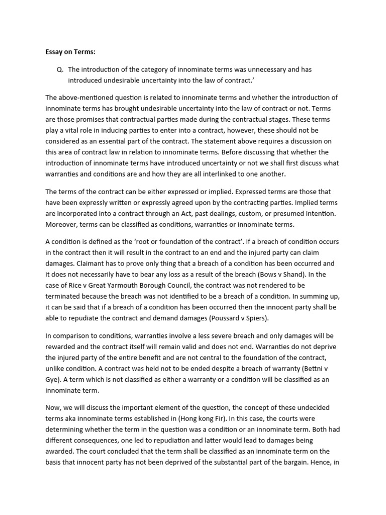 Innominate Terms in Contract Law Explained | PDF | Breach Of Contract ...