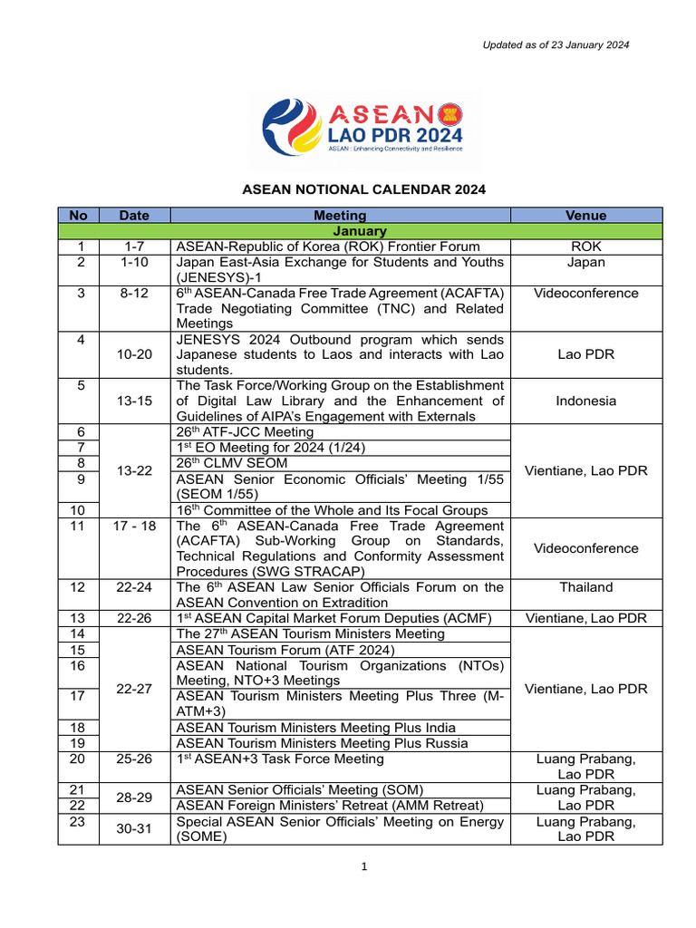 ASEAN Notional Calendar 2024 PDF Laos Thailand