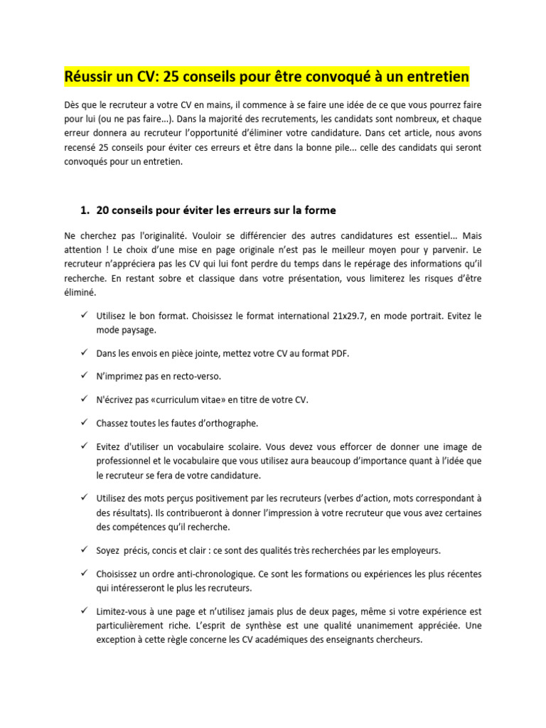 25 conseils pour un CV gagnant | PDF | Évolution de carrière ...