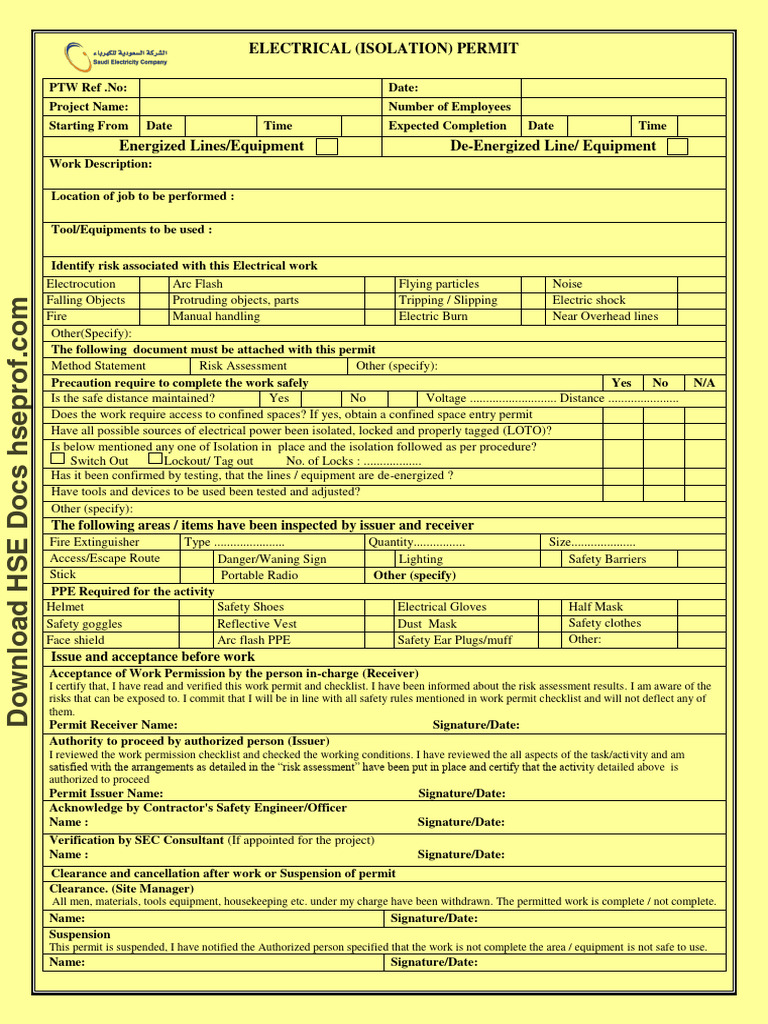 Electrical Isolation Permit Checklist | PDF | Safety | Occupational ...
