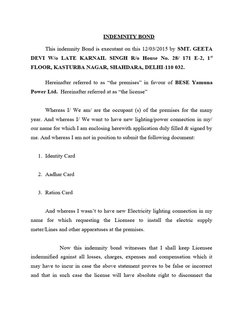 Indemnity Bond for Electricity Connection | PDF | Indemnity | Private Law