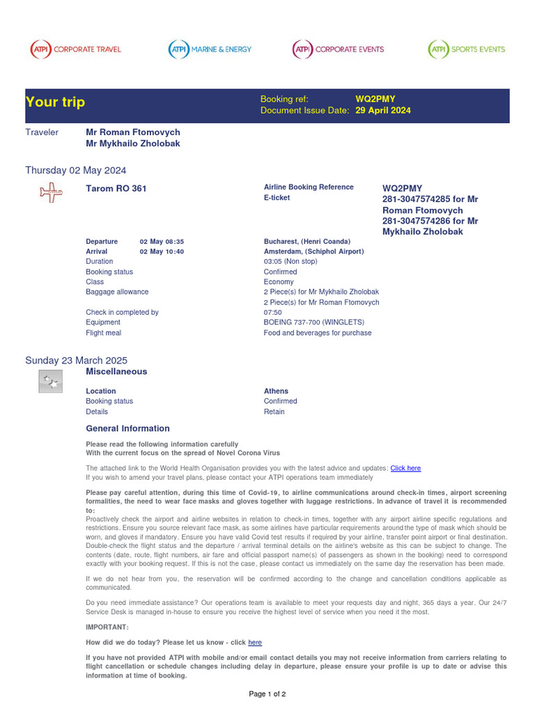 ATPI - Itinerary - WQ2PMY - MR ZHOLOBAK MYKHAYLO - 02MAY2024 | PDF ...