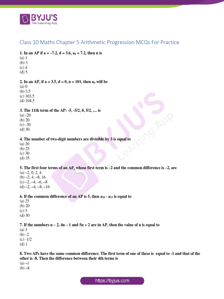 Class 10 Arithmetic Progression MCQs | PDF | Teaching Methods ...