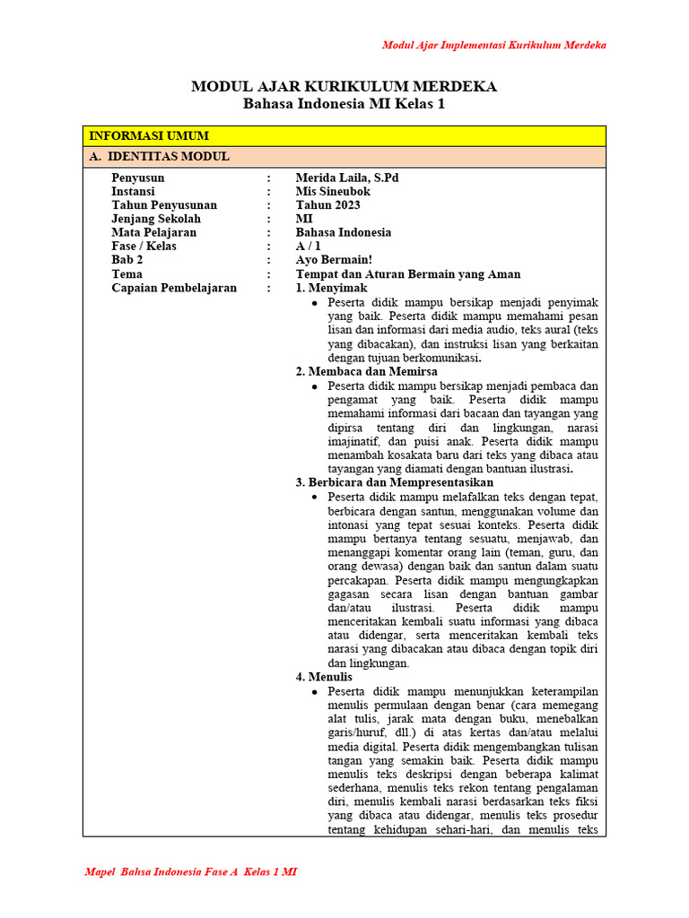 Modul Ajar Bahasa Indonesia Kelas 1 MI | PDF | Seni & Disiplin Bahasa