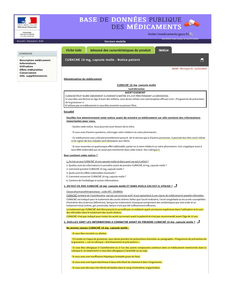 Notice patient CURACNÉ 10 mg | PDF | Grossesse | Contraception