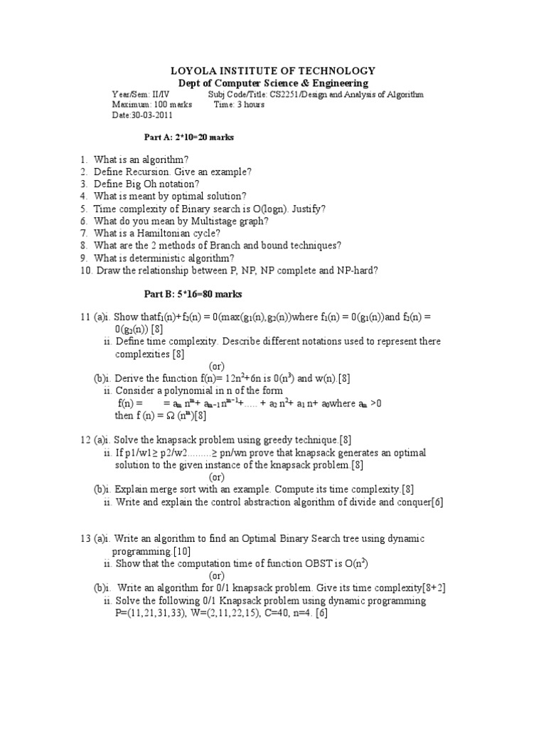 DAA Model Exam Questions | PDF