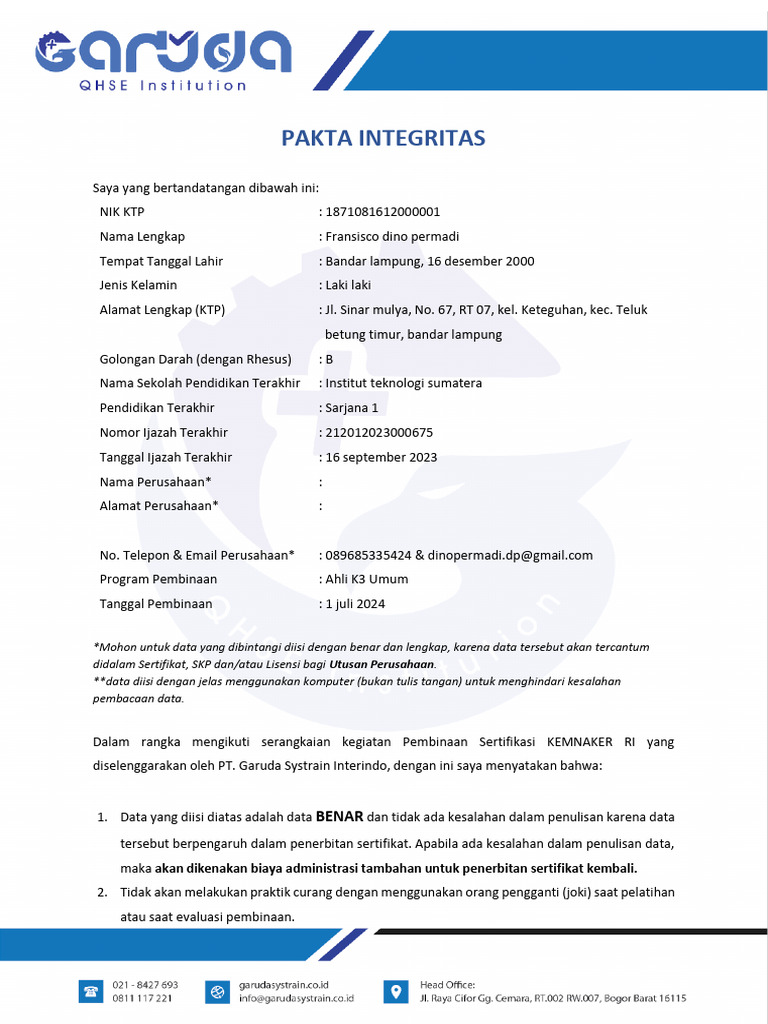 Pakta Integritas Sertifikasi K3 | PDF | Bisnis