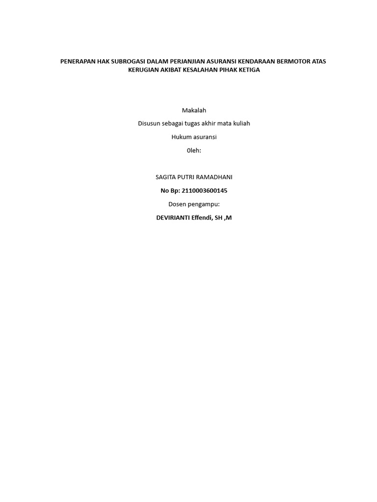 Hak Subrogasi dalam Asuransi Kendaraan | PDF | Hukum