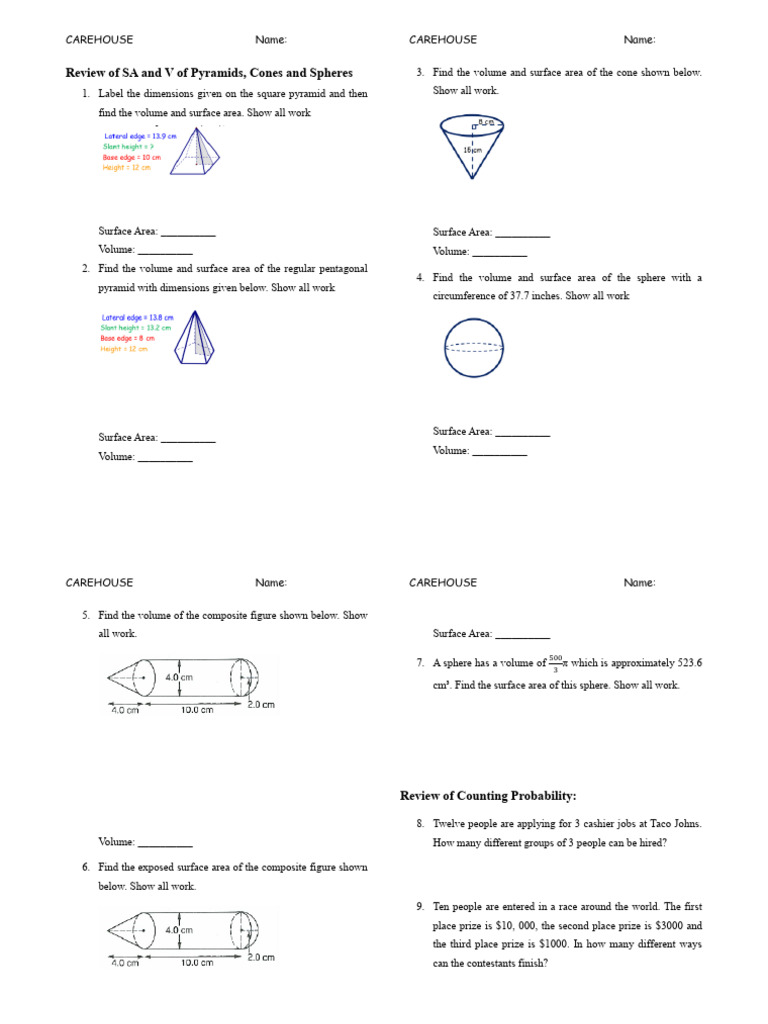 Review of SA and V of Pyramids | PDF | Area | Volume