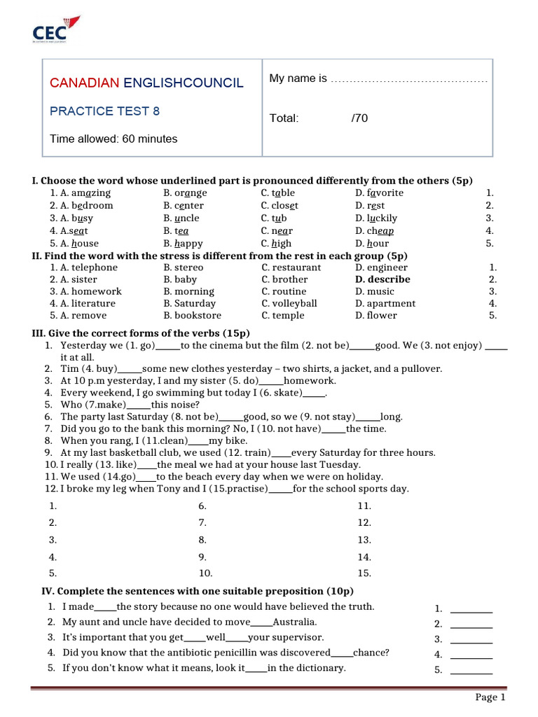 Canadian English Practice Test 8 | PDF