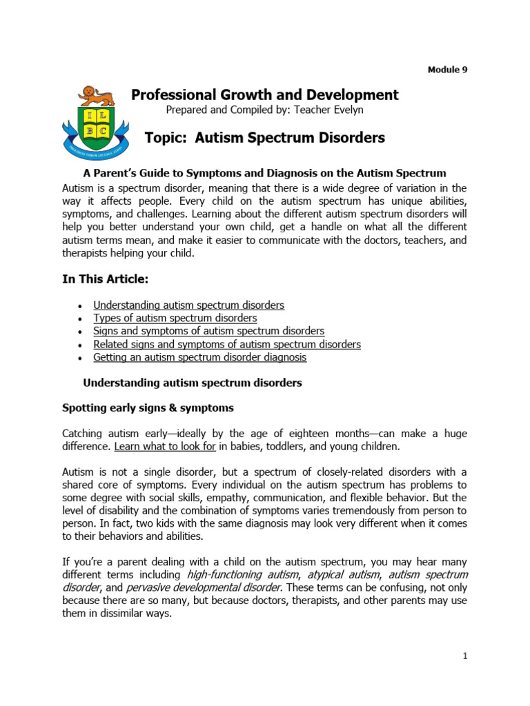 9A. Autism Spectrum DisordersA Parents Guide To Symptoms PDF