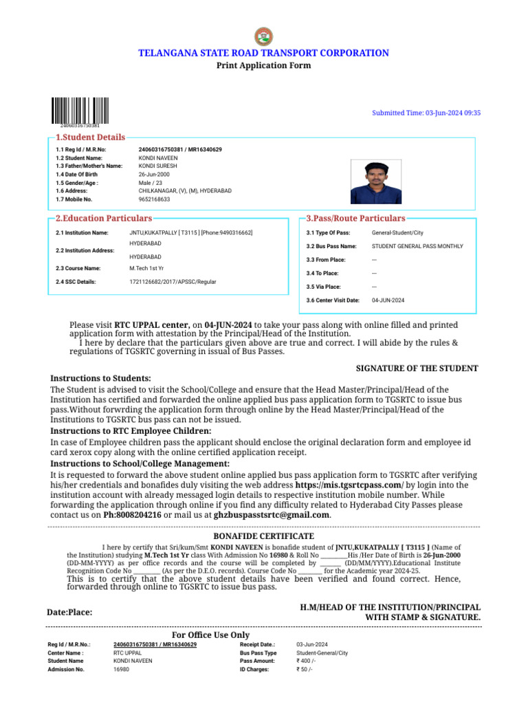 Ts Bus Pass Print Application Form