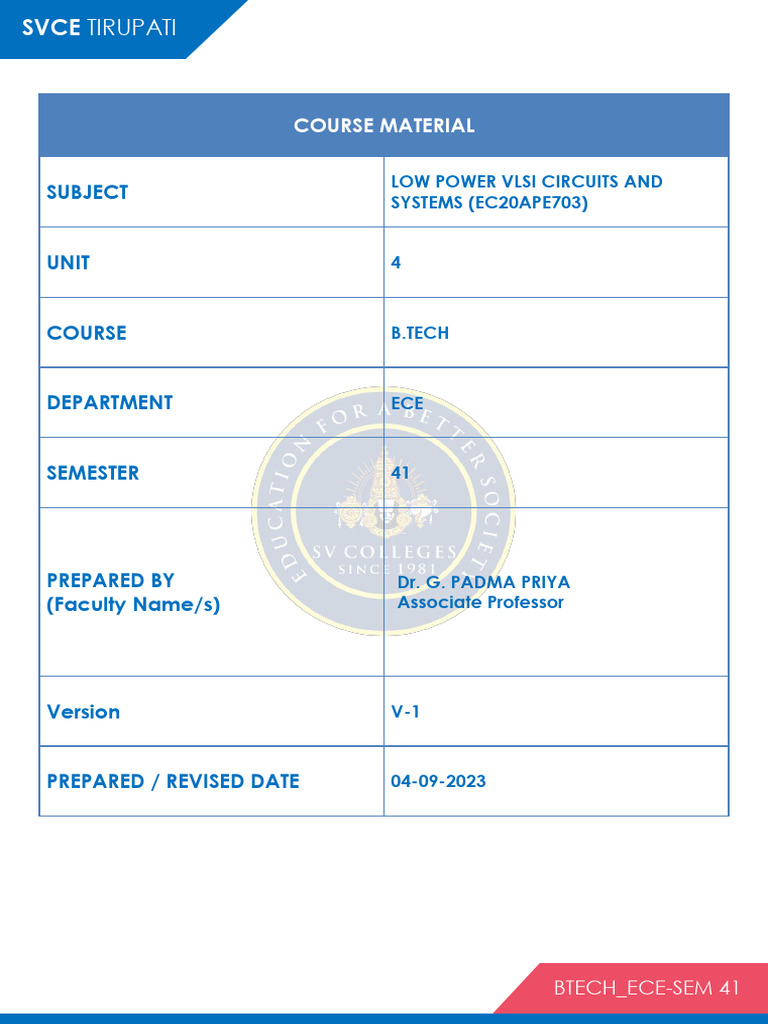 Low Power VLSI Circuits Course Material | PDF | Mosfet | Field Effect ...