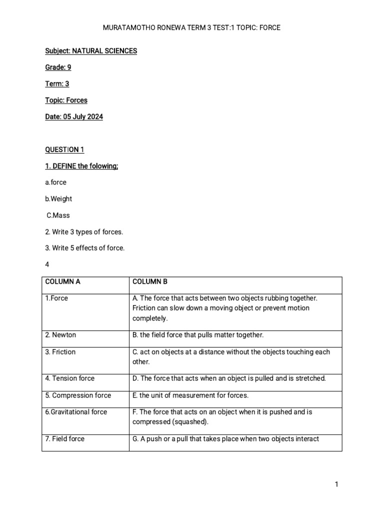 Grade 9 Forces Test Questions PDF | PDF | Force | Weight
